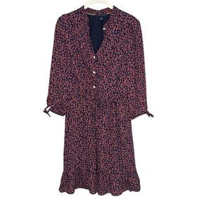 Tommy Hilfiger Dress Womens Small Navy Blue Red Floral Button Up Tie Waist